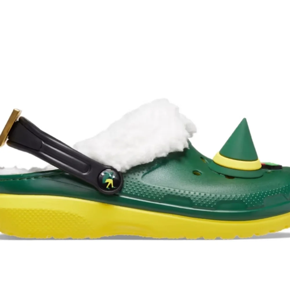 CROCS Green Kids Slippers with White Fleece - Picture 3 of 6